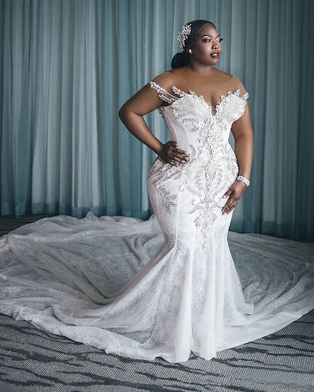 Plus Size Mermaid Wedding Dress With Crystal Long Train Tulle Bridal Gown Custom Made Sheer Neck 2024 From Officesupply 189.05 DHgate.Com