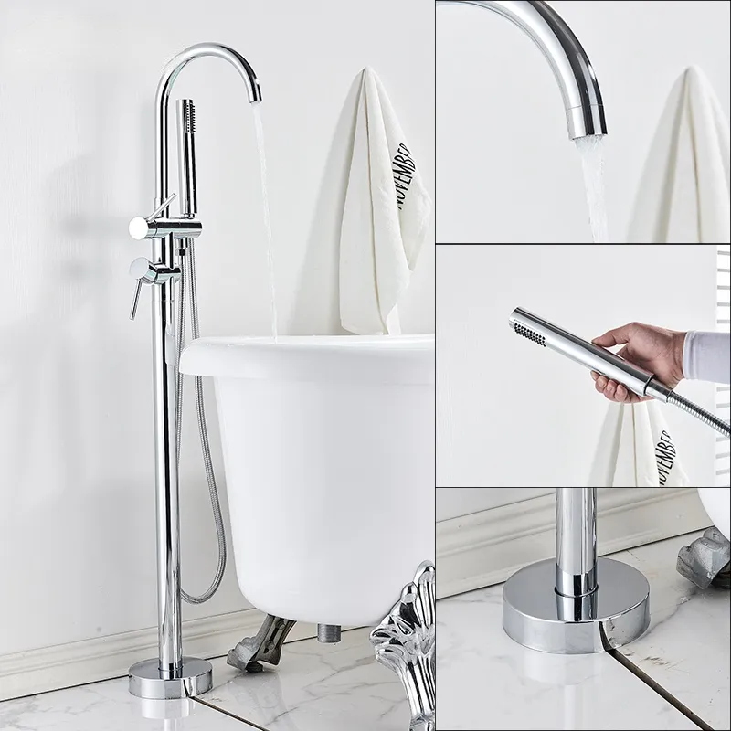真鍮の床の自由なスタンディング蛇口のシングルハンドルデュアルコントロール冷たい湯たんぽミキサータップパラ浴槽シャワーバス
