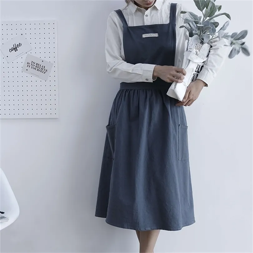 Nordic Cotton Women Pleated Skirt Aprons Kitchen Restaurant Cooking With Pocket Work Apron Waiter Cook Tool U1888 211222