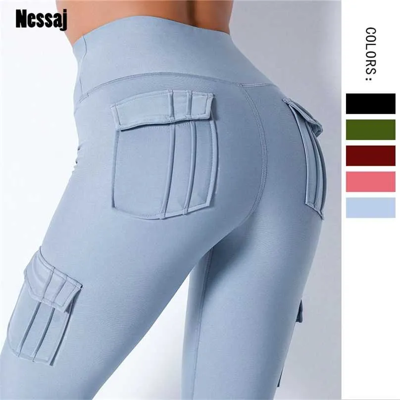 Nessaj alta cintura fitness leggings mulheres bolso cor sólida push up legging roupas poliéster 211215