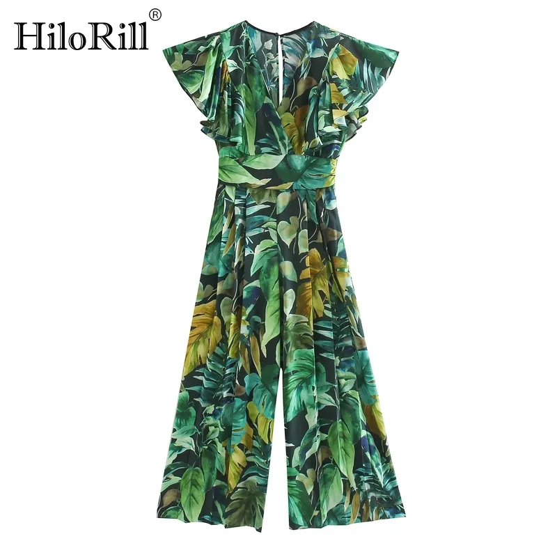 Boho V Neck Printed Jumpsuit Women Summer Vintage Ruffle Pleated Bodysuit Romper Back Hollow Out Loose Overalls 210508