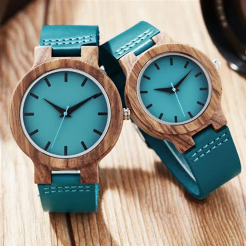 Mode Vrouwen Houten Quartz Horloge Met Lederen Strap Casual Turkoois Blauwe Mannen Polshorloge Liefhebbers S-polshorloges