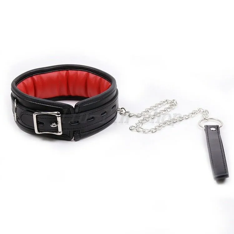 Collier de cou verrouillable en cuir doublé de bondage rouge et noir Ceinture de retenue d'esclave Chaîne de traction Corde