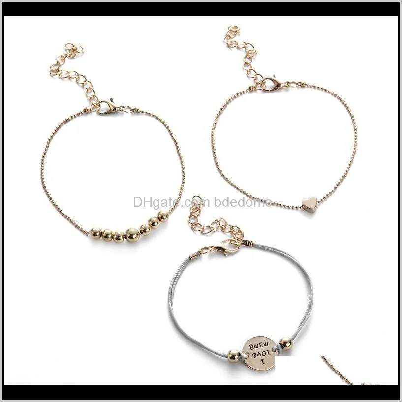 bracelets set 3pcs package bead heart round disc accessory carving i love mama rope bead chain gold color plated