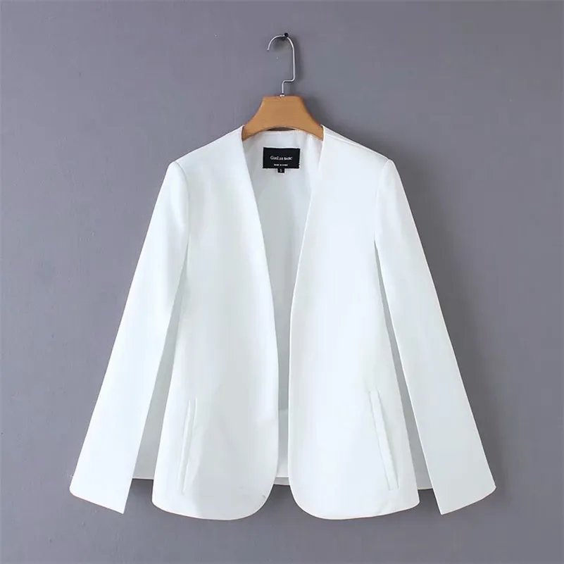 Women elegant black white color v neck split casual cloak coat office lady wear outwear suit jacket open stitch tops CT237 211112