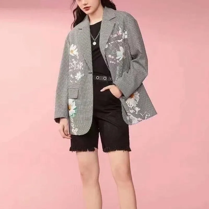 Women's Suits & Blazers Women Jacket 2021 Autumn Fashion Flower Print Black And White Plaid Blazer Coat Vintage Long Sleeve Female Outerwear