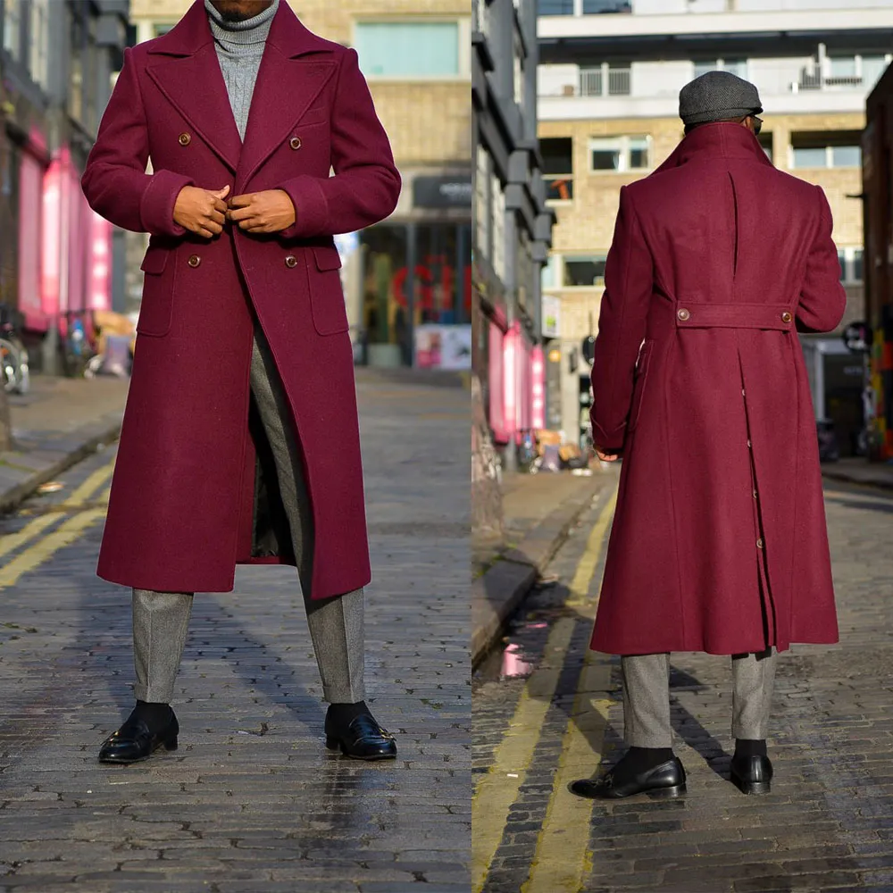 Burgundy Wool Tuxedos Men Long Coat Winter Warm Groom Party Prom Jacket Business Wear Outfit One Suit