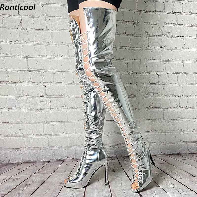 Rontic Pessoal Personalizar Mulheres Mola Botas Botas de Patente Stiletto Saltos Peep Toe Silver Party Shoes Mulheres Tamanho 5-20