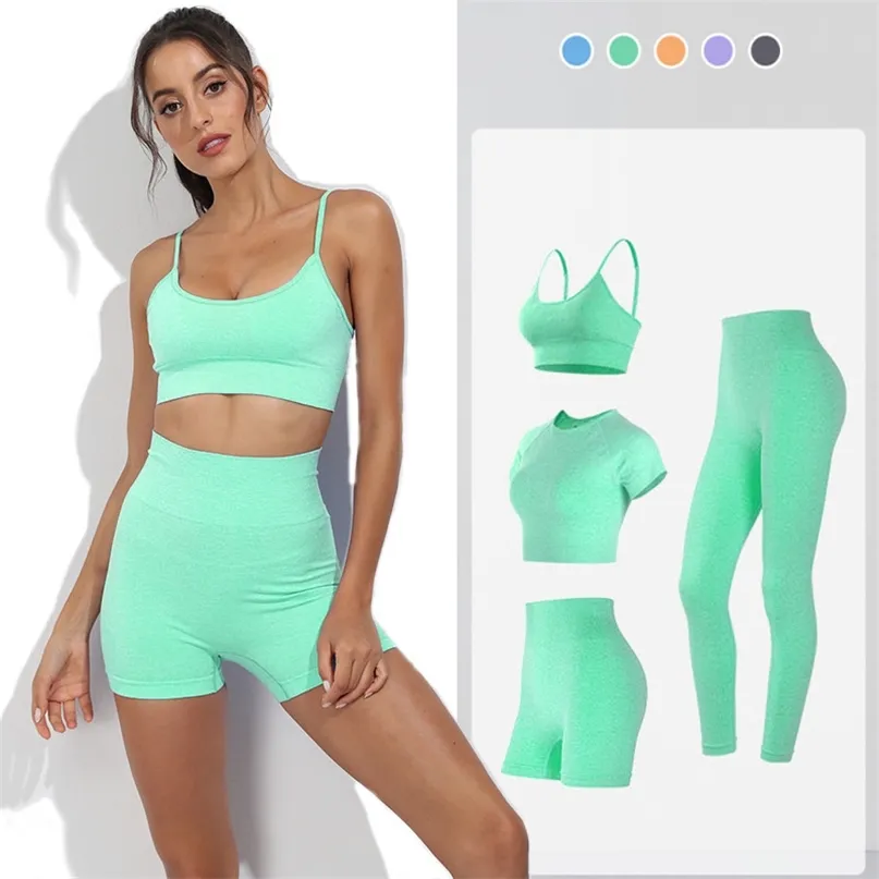 Bezszwowe 2 sztuk Siłownia Zestaw Crop Top V-Neck Sportowy Biustonosz Wysokiej Talii Legginsy Szorty Yoga Kobiety Fitness Sport Trening Garnitury 210813