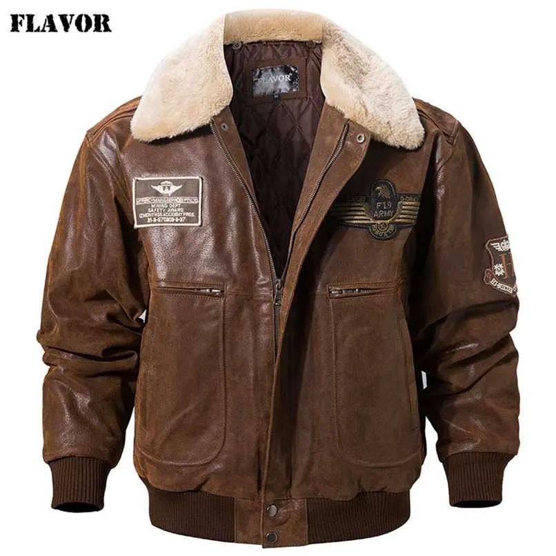 Flavour Men's Real Leather Bomber Jacka med avtagbar päls krage Äkta läder Pigskin Jackor Vinter Varma Coat Män 211203