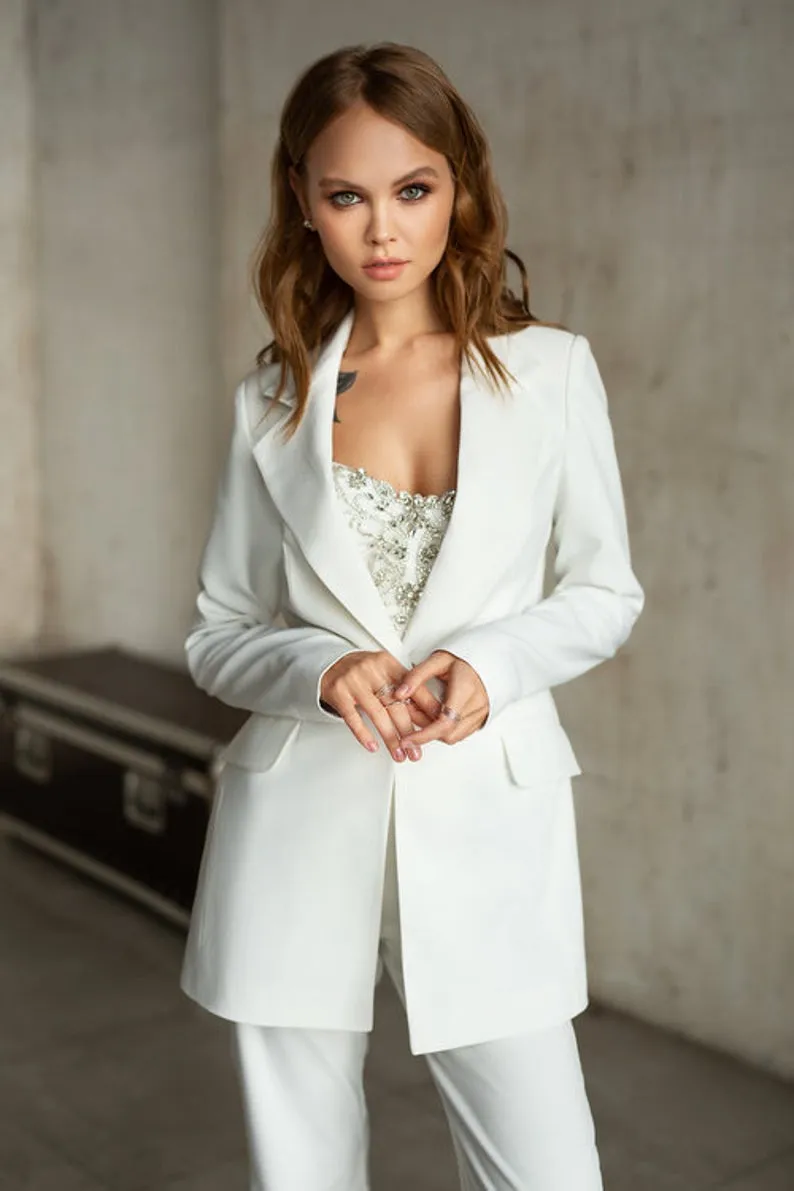 Fashion White Slim Mother of the Bride Pants Suits Women Ladies Evening Party Tuxedos Formal Work Wear For Wedding 2 pcs2737