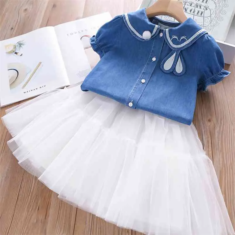 Summer Girls' Clothing Sets Cute Cartoon Embroidered Lapel Top+Net Yarn Skirt 2PCS Suit Princess Baby Kids Children Clothes 210625