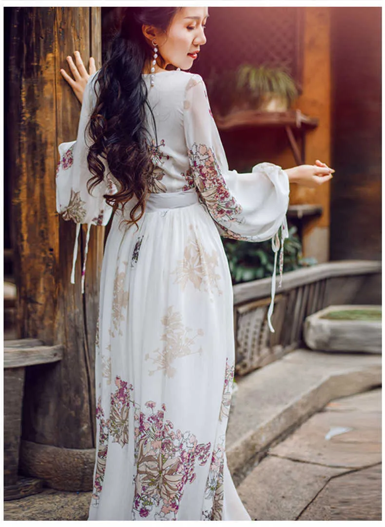 knee length dresses for ladies Printed Round Neck Lantern Sleeve Maxi Dress