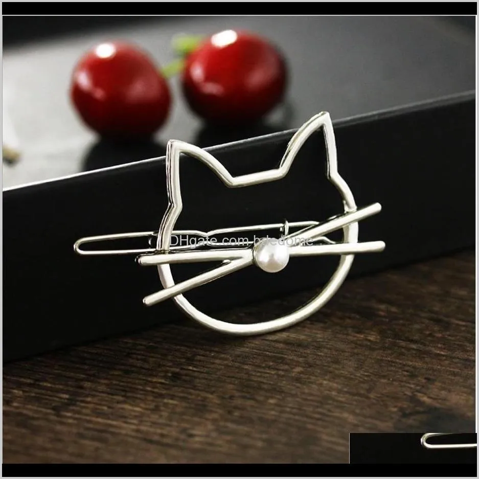 simple line figure cat head with plastic pearl hairpin gold or silver plated for women girls hair clip