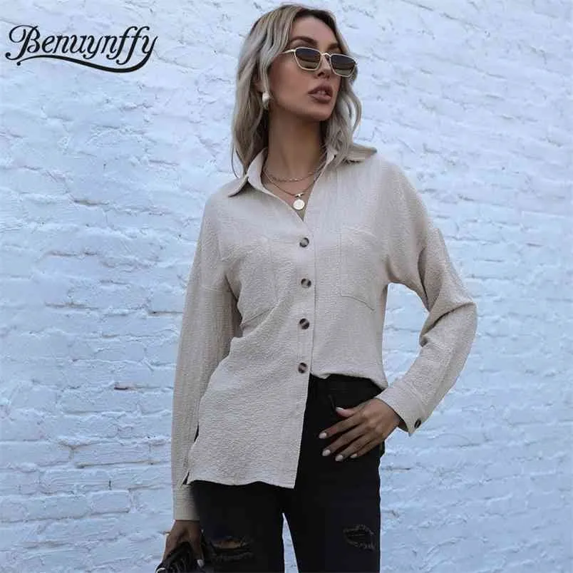 Camicia e camicette casual da donna con maniche lunghe da ufficio a maniche lunghe da donna primavera autunno con bottoni sul colletto rovesciato 210510