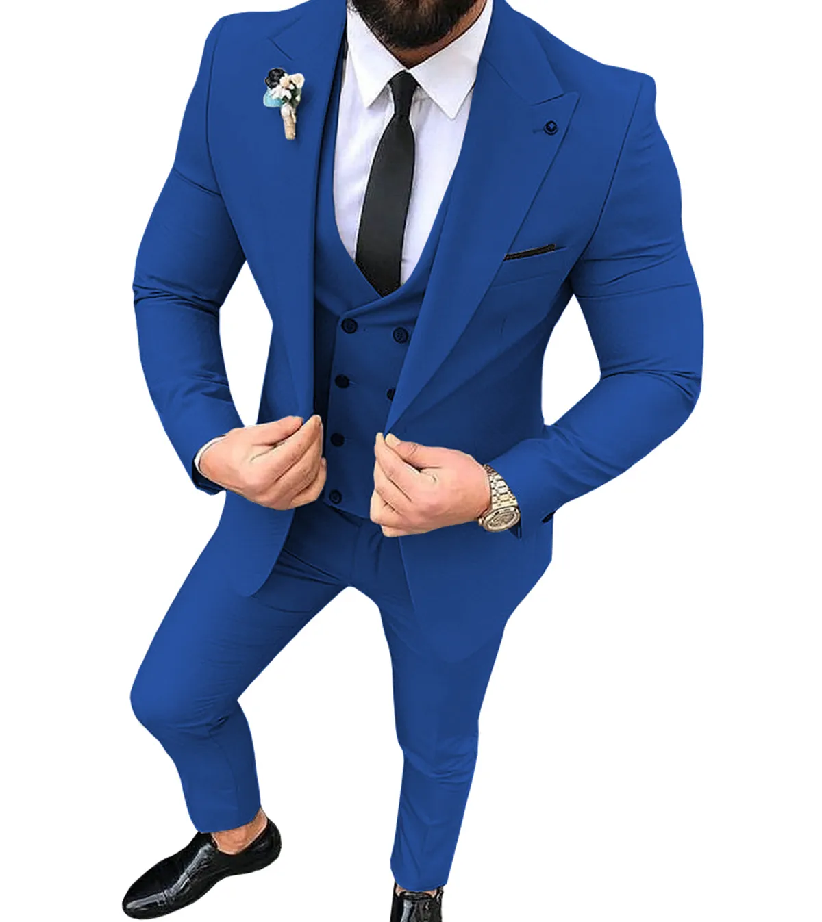 Royal Blue Men Tuxedos 3 stycken Slim Fit Casual Notched Lapel V Neck Groomsmen Passar för bröllop (Blazer + Vest + Pant)