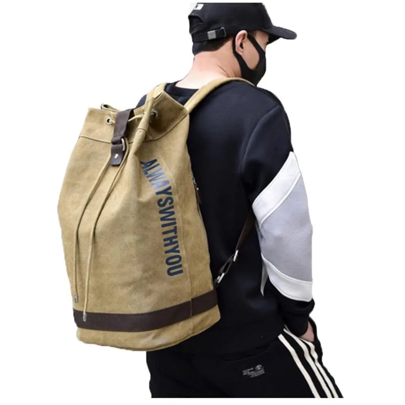 Outdoor Men's Canvas Bucket Drawstring Backpack Letter Printing Army Bags Tactical Military Sports Bag Foldable Hiking Rucksack