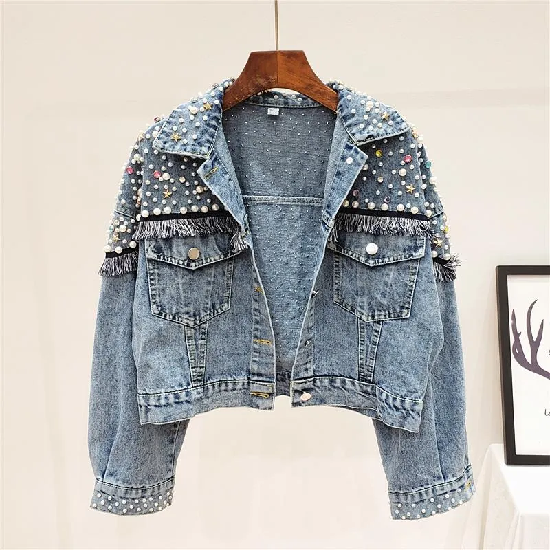 Kvinnorjackor Autumn Fashion Heavy Work Beading Wash Denim Jacka Women Lose Short Coats Patted Black Blue Jeans Streetwe277a