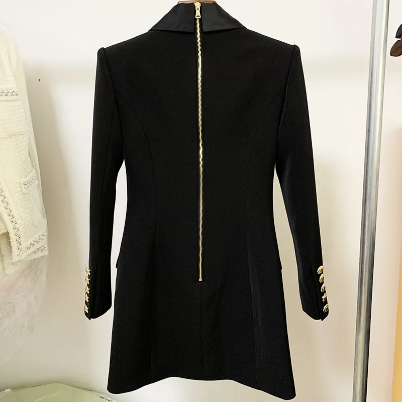 Top Quality Original Design Women`s Working Dress Metal Buckles Double-breasted Slim Shawl collar OL Style Back Zipper Two Color Black White Career Costume