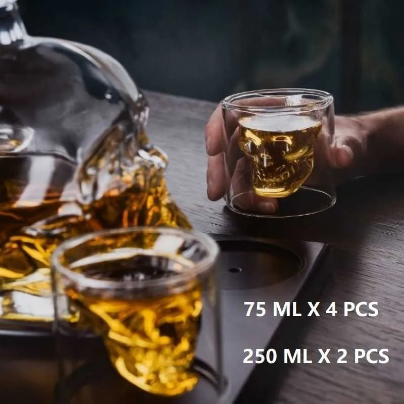 4 szt. 75 ml kieliszki do wina Czaszka Whisky Glass Podwójny Dolny Kubek Shot Glass Cup For Beer Wine Kubek 250 ml Brandy Koktajl Szklany kubek X0703