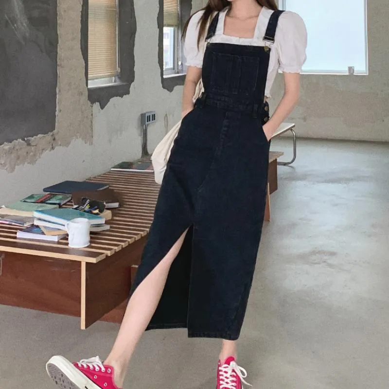 Günlük Elbiseler Cepler Denim Tulum Kadın Moda Yüksek Bel Yarık Uzun Elbise Yaz Kore Sokak Spagetti Kayışı