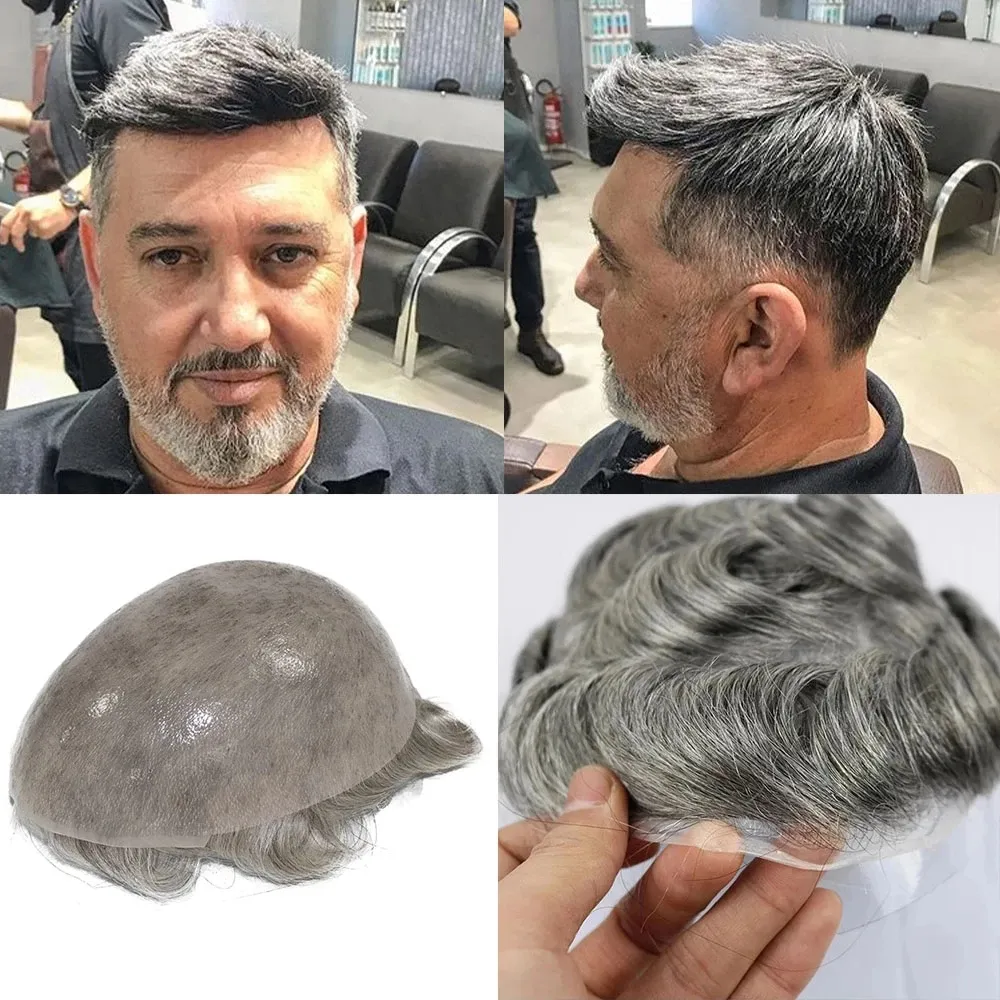 Super fulla pu tunna hud män toupee grå mänskliga hår peruker för män toupee topp hår brasilianska remy 1b65 hår bekväma mens peruk