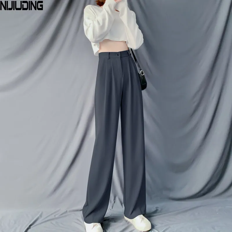 Casual Chic Loose High Waist Female Wide Leg Pants Spring Summer Ladies One Button Long Trousers Women Solid Suit 210514