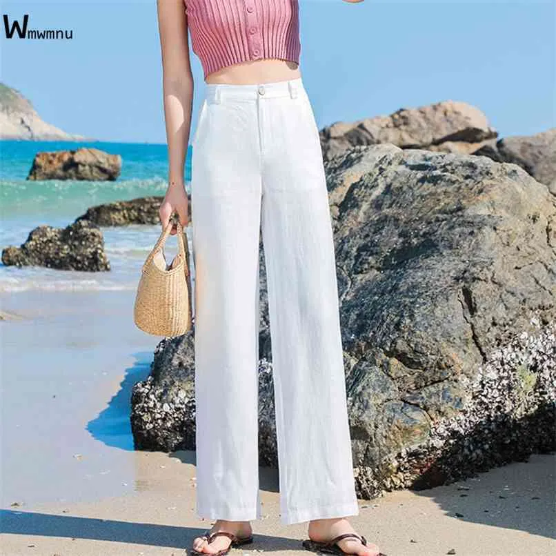 Strand katoen linnen wijd been broek plus size vintage hoge taille effen kleur rechte broek vrouwen boheemse losse vrouw 210915