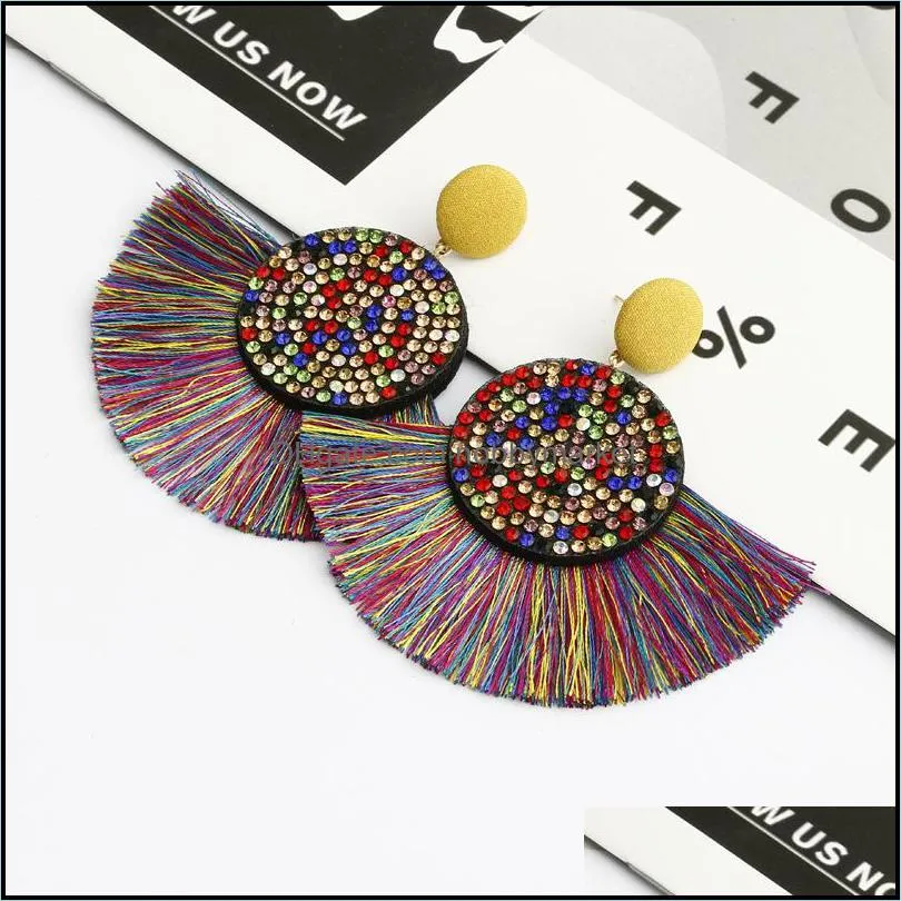 Women crystal Fan shaped Tassel Dangle Earrings For Ladies vintage Ethnic Bohemian Long Big fringe Statement Drop Earring Boho Jewe