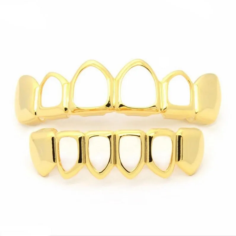 أسنان Gold Grillz مجموعة عالية الجودة رجالي الهيب هوب المجوهرات الفضية سوداء جوفاء