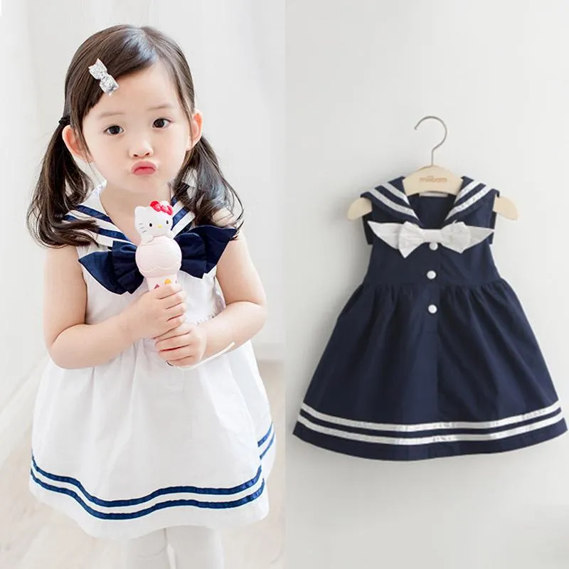 Girl's Dresses 2021 Summer 2-10T Years Children Sweet Sleeveless Vest Bow Sailor Collar Navy Blue White Patchwork Little Kids Girls Dress