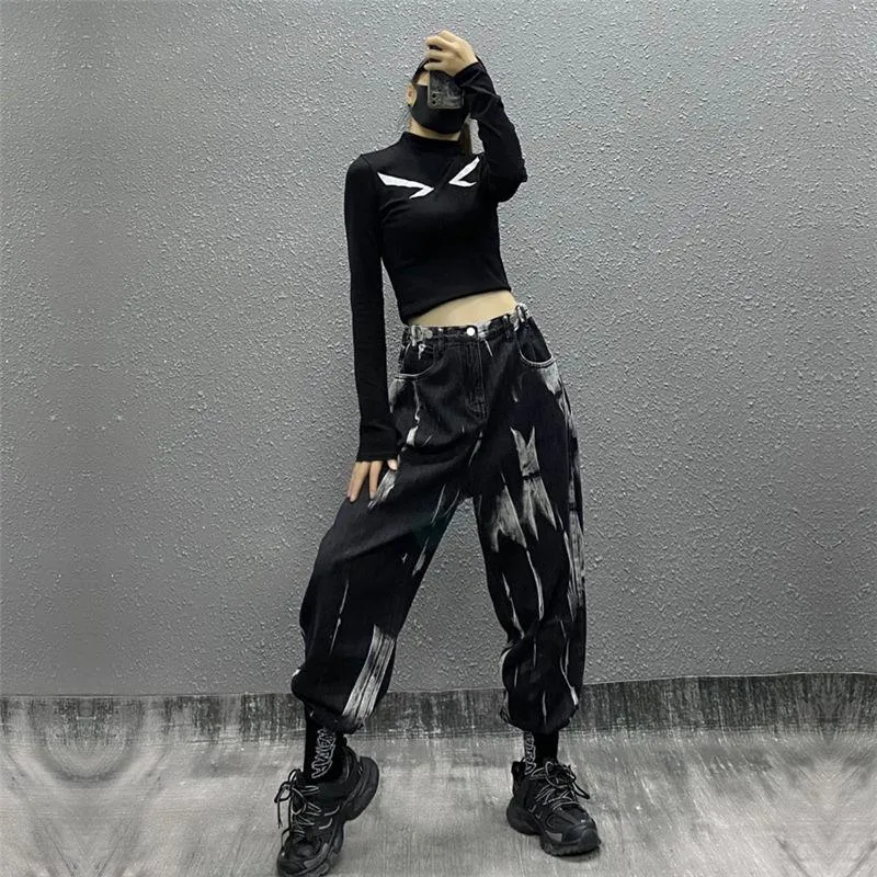 Jeans féminins Baggy femme haute taille pantalon lâche tie dye hippie denim goth harem graphique streetwear noir vintage