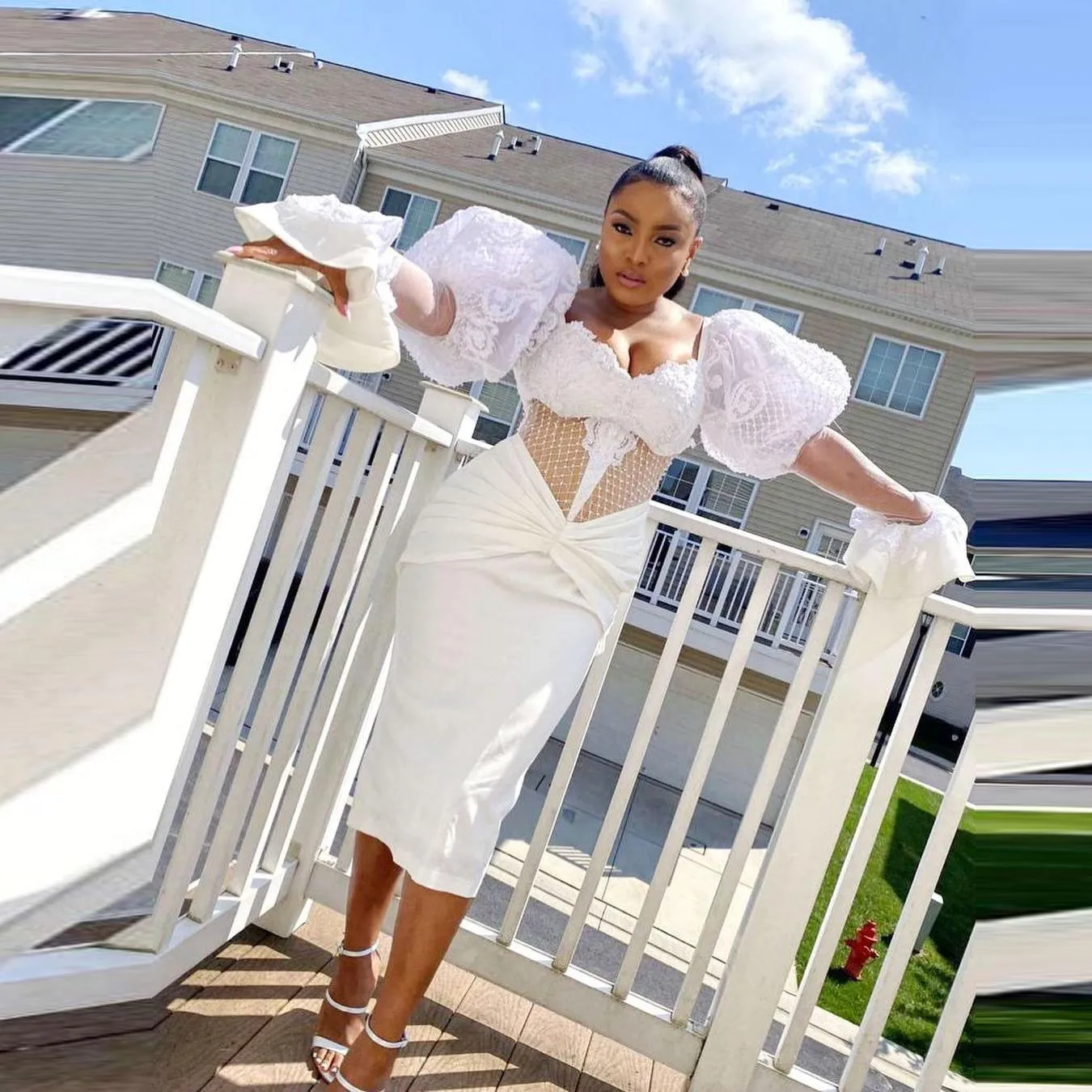 Pouco vestido branco Aso Ebi vestidos de baile inchados mangas compridas 2022 Plus Size Africano Lace Floral Chá-Comprimento Dos Vestidos de Partido