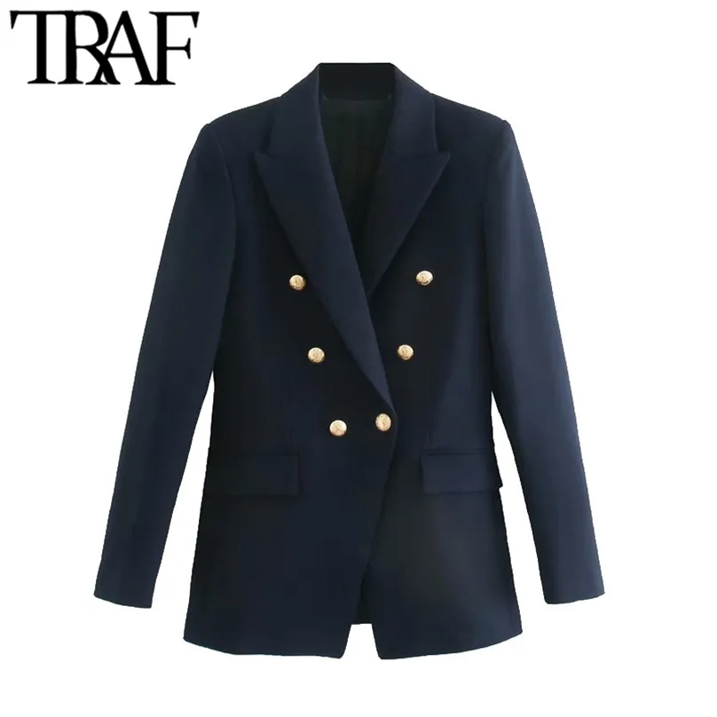 TRAF Moda donna con bottoni in metallo Blazer Cappotto Vintage manica lunga posteriore Prese d'aria Capispalla femminile Chic Top 211006