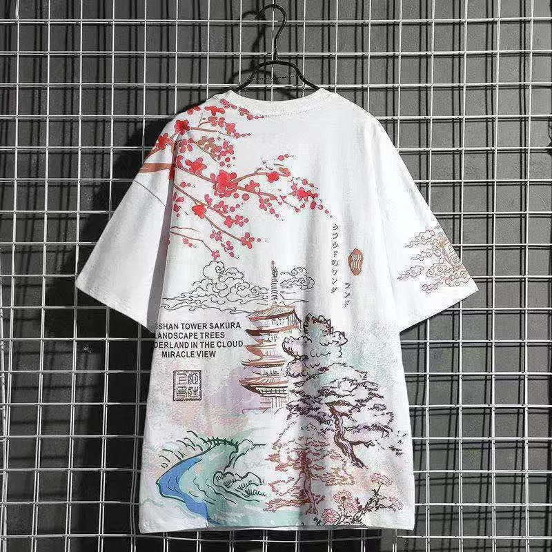 Японские сакура печатающие футболки хлопчатобумажные лето Harajuku футболки мужские мес Дао ZU Shi китайский стиль стритюна футболка для женщин CS546 Y0621