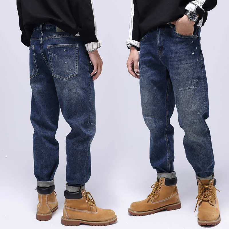 American Street Style Fashion Men Jeans Retro Blå Elastisk Lös Fit Bredt Ben Frayed Ripped Hip Hop Denim Baggy Pants