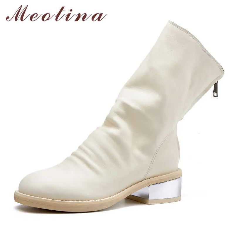 Meotina مطوي جلد حقيقي منتصف كعب منتصف العجل أحذية النساء أحذية جولة تو الكعوب مكتنزة سستة الأحذية الإناث الخريف أسود أبيض 210608
