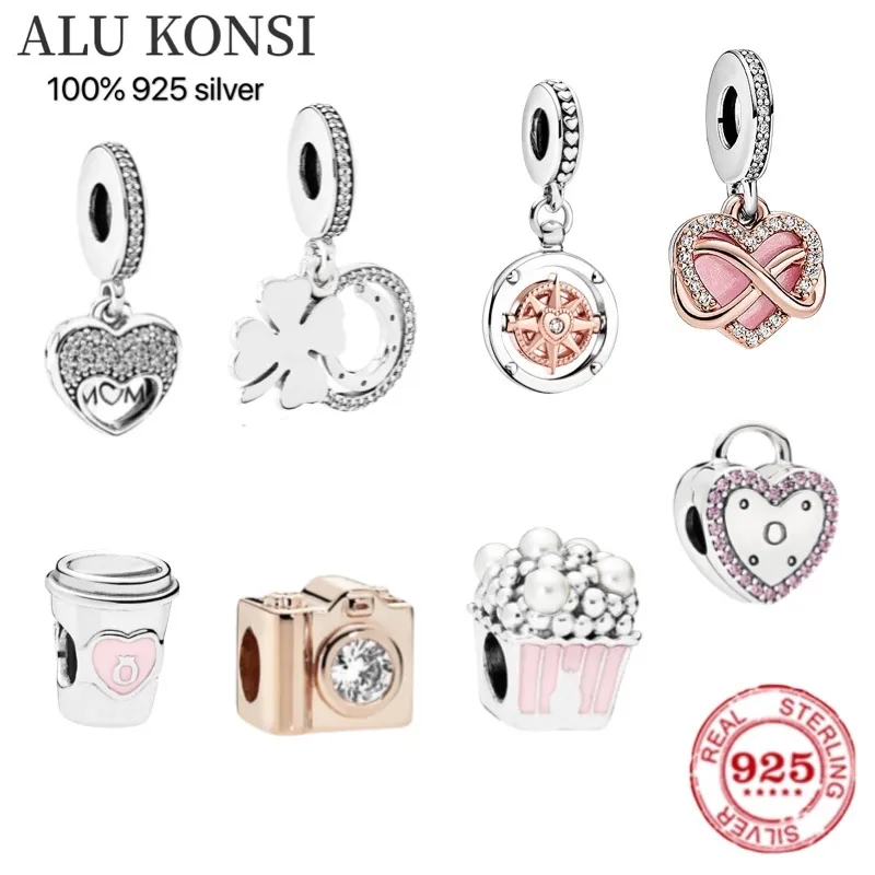 Luxo original 100% 925 esterlina prata encantos contas para mulheres moda copo compasso amor coração diy jóias presente