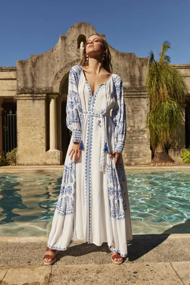 Robes décontractées Maroc Vacances Maxi Robe Femmes Femme à manches longues Broderie Vintage 2022 Boho Beach Hippie Loose Vestidos Mujer