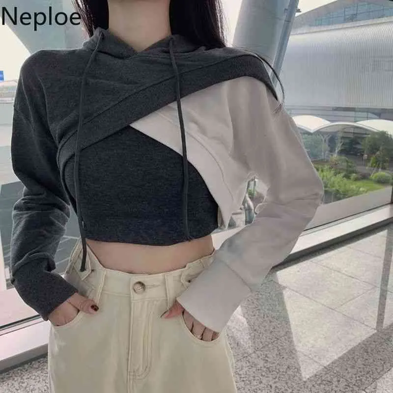 Neploe Harajuku Sweatshirt Women Korean Streetwear Hoodies Ladies Cross Crop Tops Contrast Color Patchwork Hooded Hoodie 210422