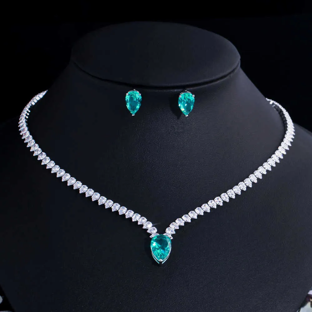 CWWZircons Elegant Big Light Green Water Drop CZ Crystal Necklace and Earrings Women Engagement Party Costume Jewelry Sets T560 H1022