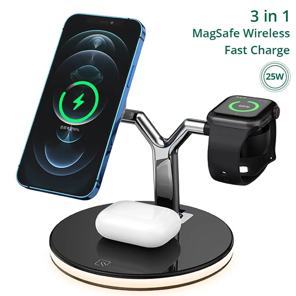 Caricabatterie wireless magnetico veloce 3 in 1 da 15 W per Apple Watch Airpods iPhone 12 11 Huawei Mate 30 P30 Pro Samsung S21 S20 S10 Xiaomi