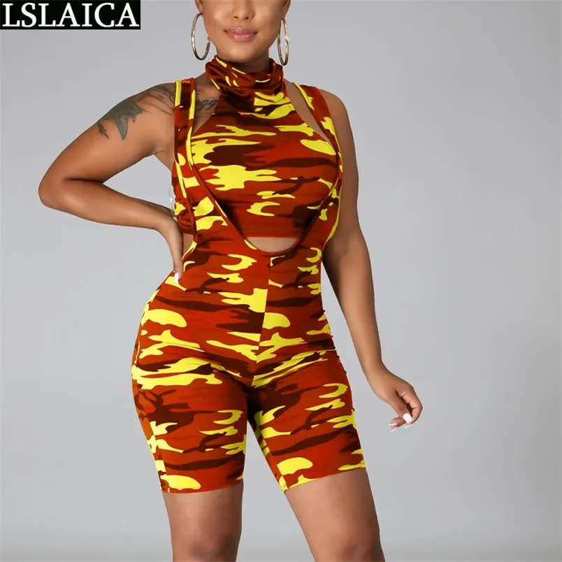 Crop Tops Tracksuit Women Camouflage Print Halter Sleeveless 2 Piece Sets Womens Outfits Short Pants Sport Conjunto Mujer 210515