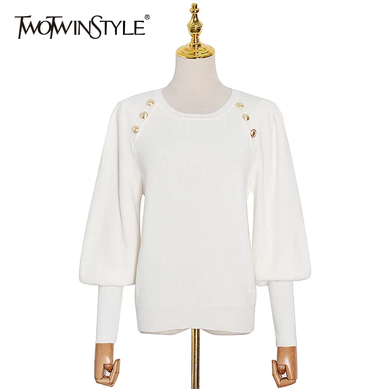 Twotwinstyle patchwork botão suéter para mulheres o pescoço lanterna manga longa casual suéter branco feminino moda roupas 210517