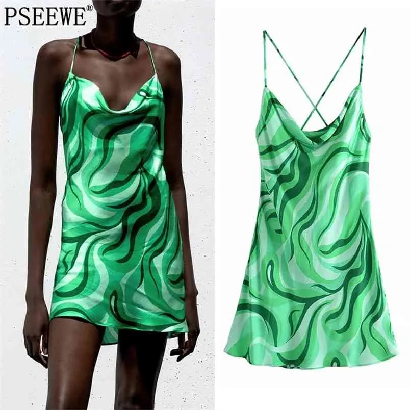 Vestido mujer estampado verde corto verano es sin espalda sexy resbalón mini playa mujeres casual club noche es 210519