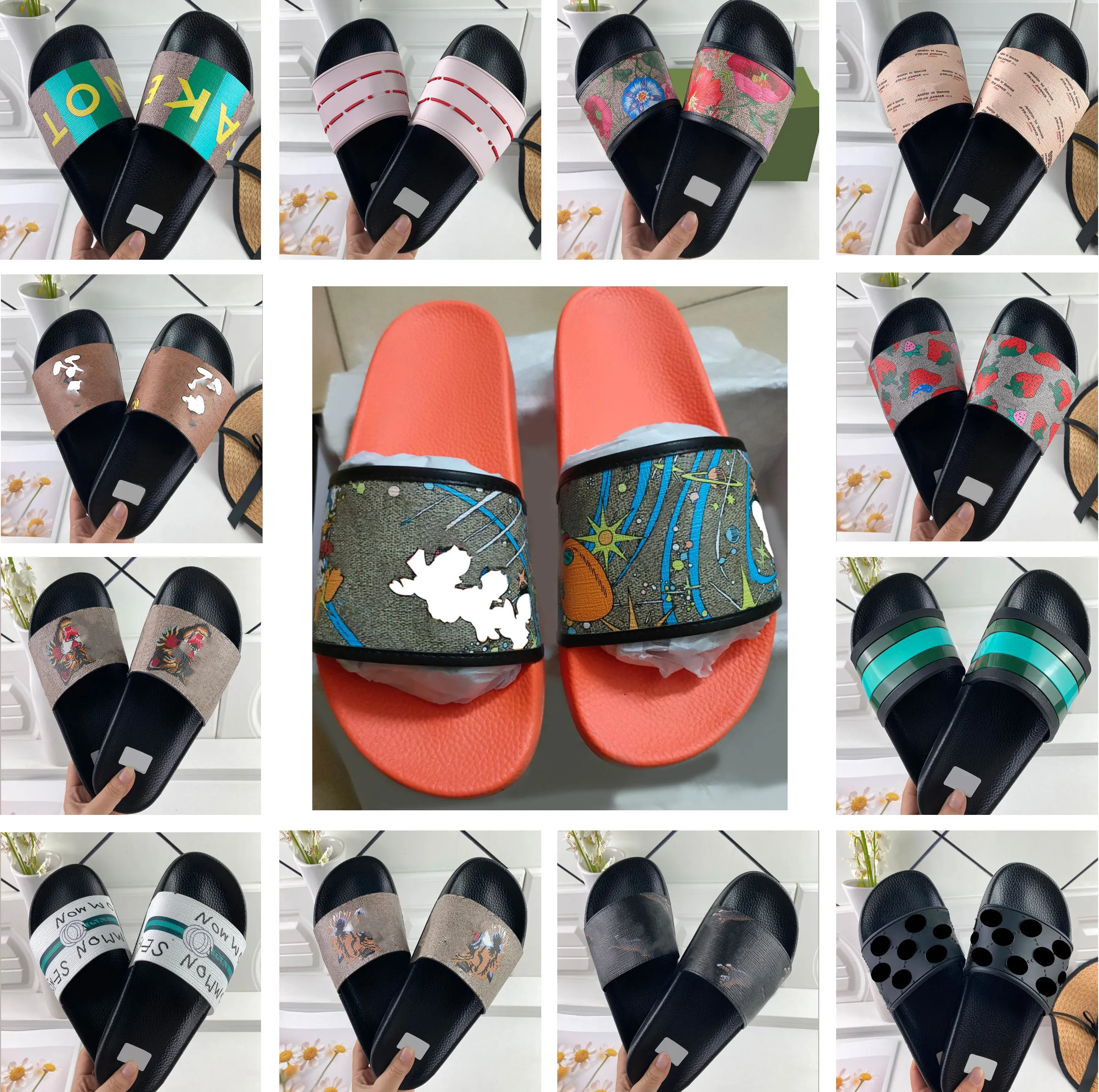 Mode vrouwen en mannen dia's zomer slippers strand indoor platte sandalen huis flip flops slipper meer kleur schoenen met doos maat 35-46