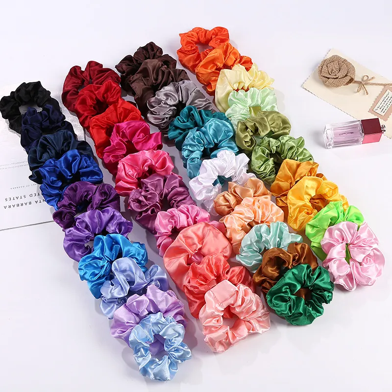 INS 60pcs/lot newest Women Silk Solid Scrunchies Elastic Satin Hairbands Girls Hair Tie Hair Rope Hair Accessories Wholesale 570 Y2