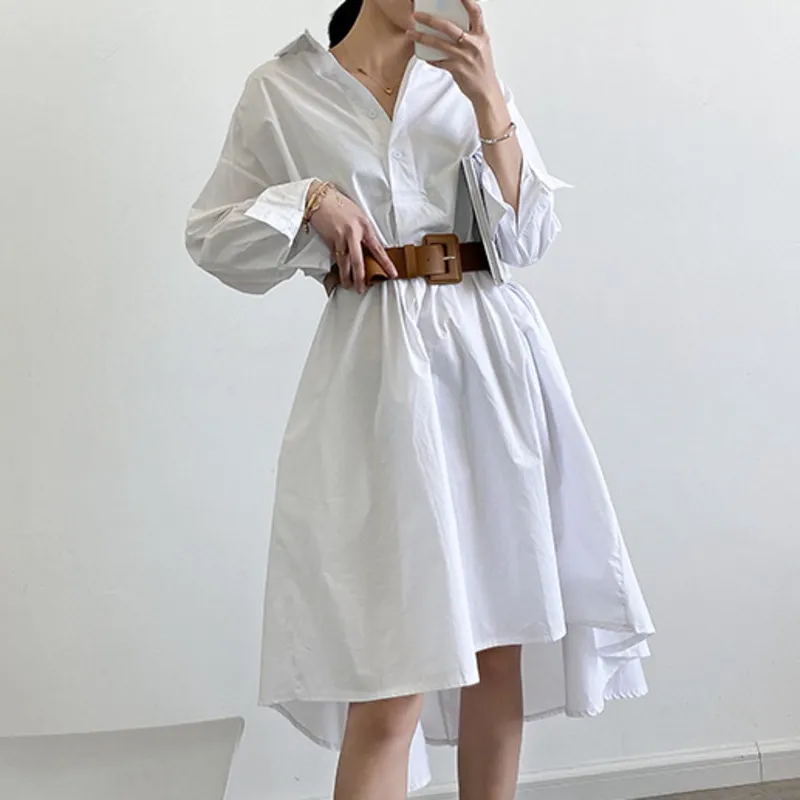[EWQ] Antumn New Fashion Korean-style Women's Solid Turn Down Collar Knee Length Long-sleeved Loose Shirt Dress Ladies 210423