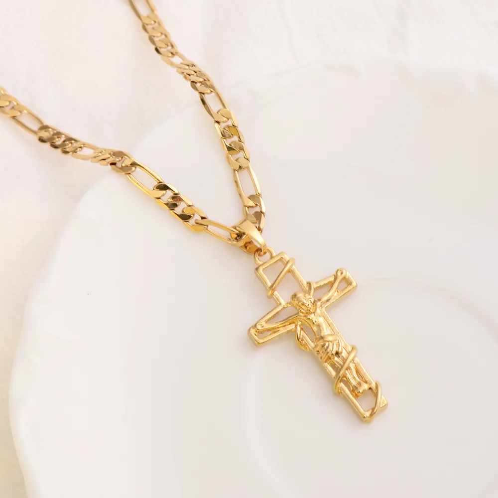 fjxpG/F Gold Cross Pendant Jesus Crucifix Frame Italian Figaro Link Chain Necklace 9 k Solid Fine Yellow THA