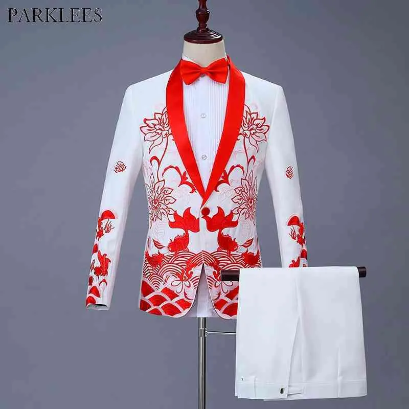 Chinês estilo bordado shawl lapel vestido terno homens fino caber um botão mens fatos com calças Prom festa casamento noivo TERNO 2XL 210522